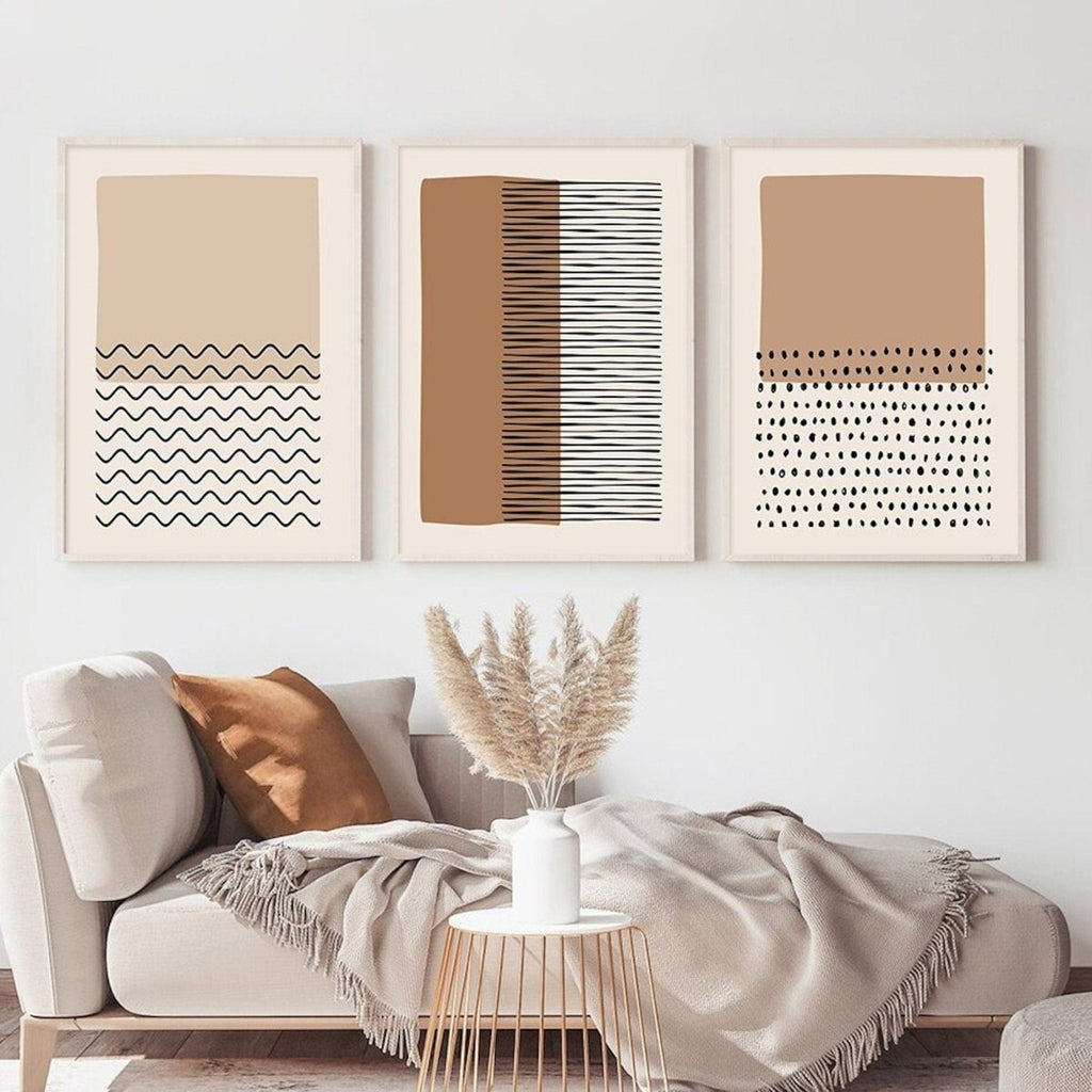 Poster Abstrakte Formen in Beige Braun und Linien Punkt Muster als Deko Print ohne Rahmen