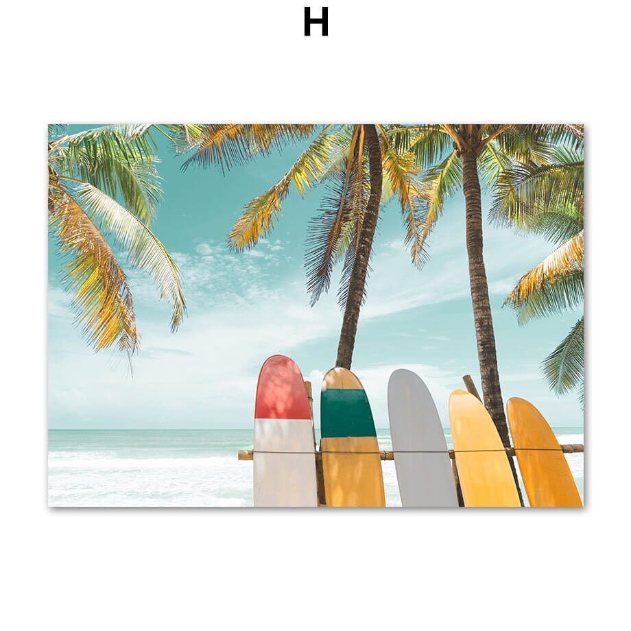Poster Palmen Strand Muscheln Käfer Surfbretter Ananas · Wandbilder Wohnzimmer & Schlafzimmer ·  Wand Deko · Kunst Druck · ohne Rahmen