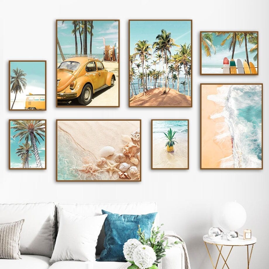 Poster Palmen Strand Muscheln Käfer Surfbretter Ananas · Wandbilder Wohnzimmer & Schlafzimmer ·  Wand Deko · Kunst Druck · ohne Rahmen